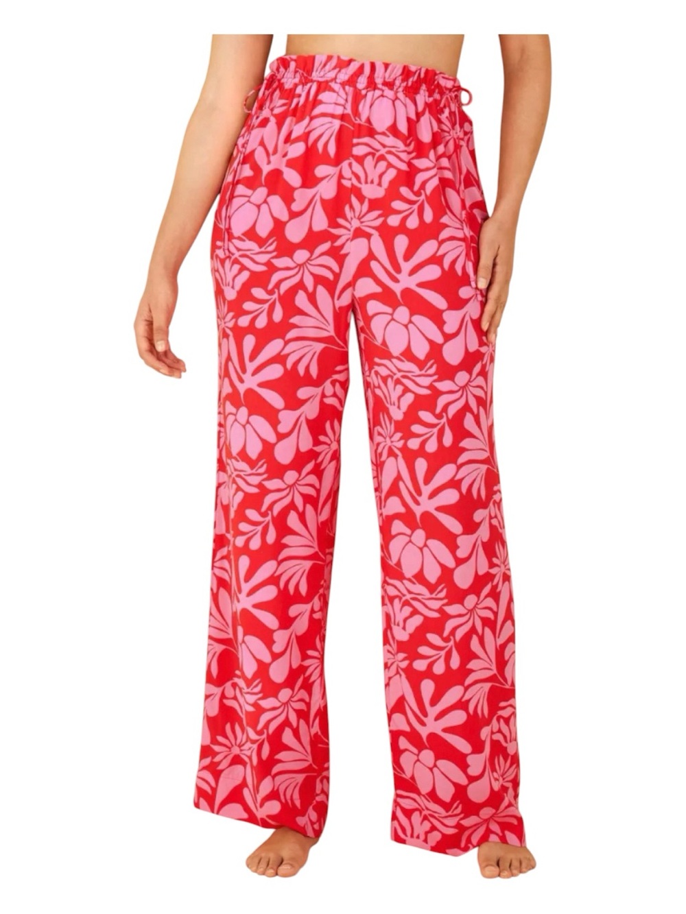 Shade & Shore pink & red floral print wide leg elastic waist boho pants size L
